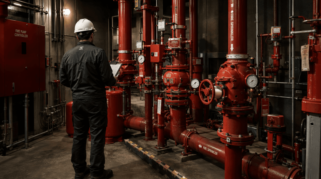 A fire sprinkler contractor inspecting valves and gauges in a building riser room.